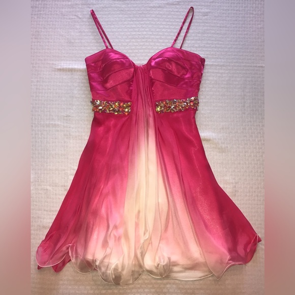 La Femme Pink White Embellished Silk Cocktail Dress, Size 2 - Picture 2 of 4